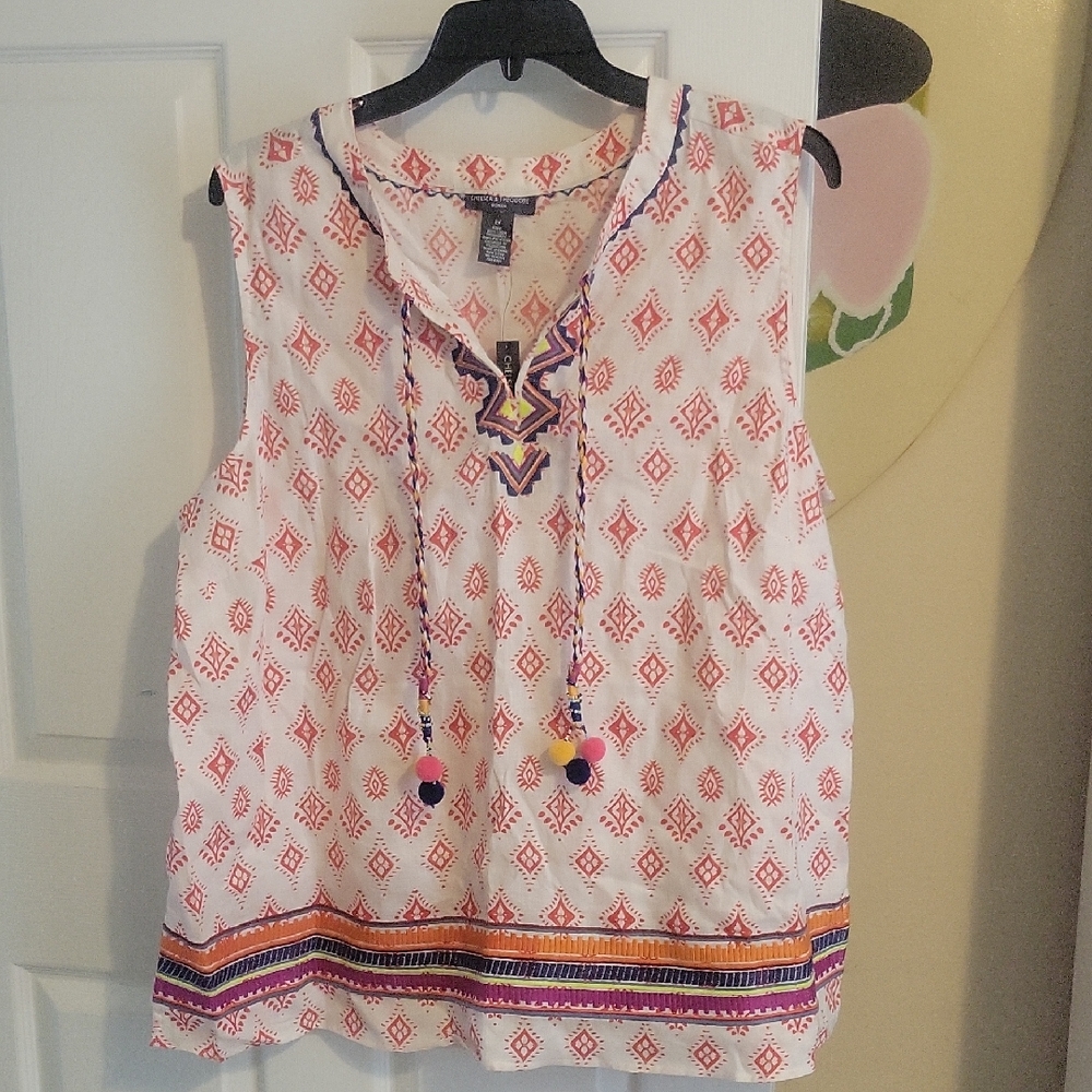 Chelsea & Theodore Sz2X White V-Neck Blouse with Pink and Purple Embroidery